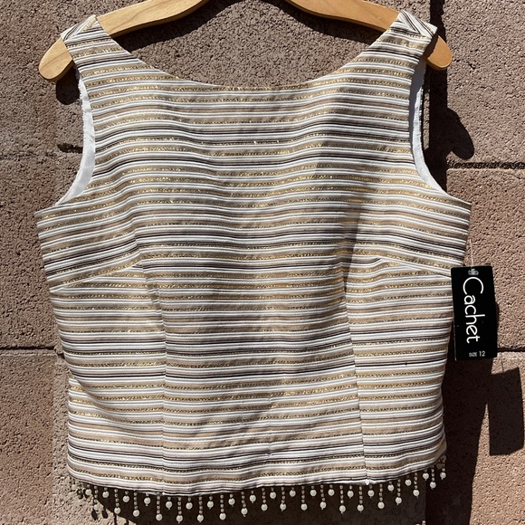 Cachet Tops - NWT Cachet Beaded Cropped Blouse Vintage Top Size 12 Gold Sleeveless Striped